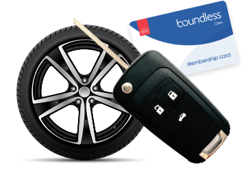 Boundless membership card, wheel and car key